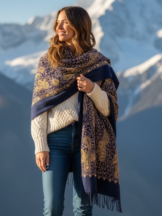 Accessories - Navy & Gold Paisley Fringe Shawl Pahima Wrap